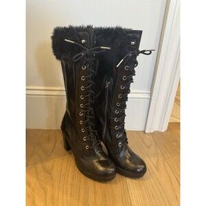 NEAR MINT Michael Kors Black Leather Lace-Up Tall Winter Boots w/ Fur Trim 7.5